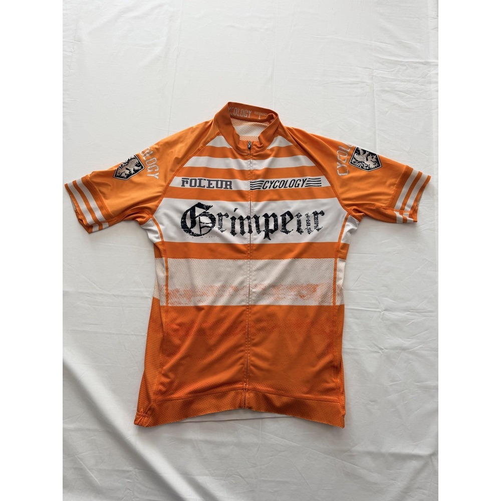 Cycology Grimpeur Cycling Jersey Mens Large Orange Striped Full Zip Pockets